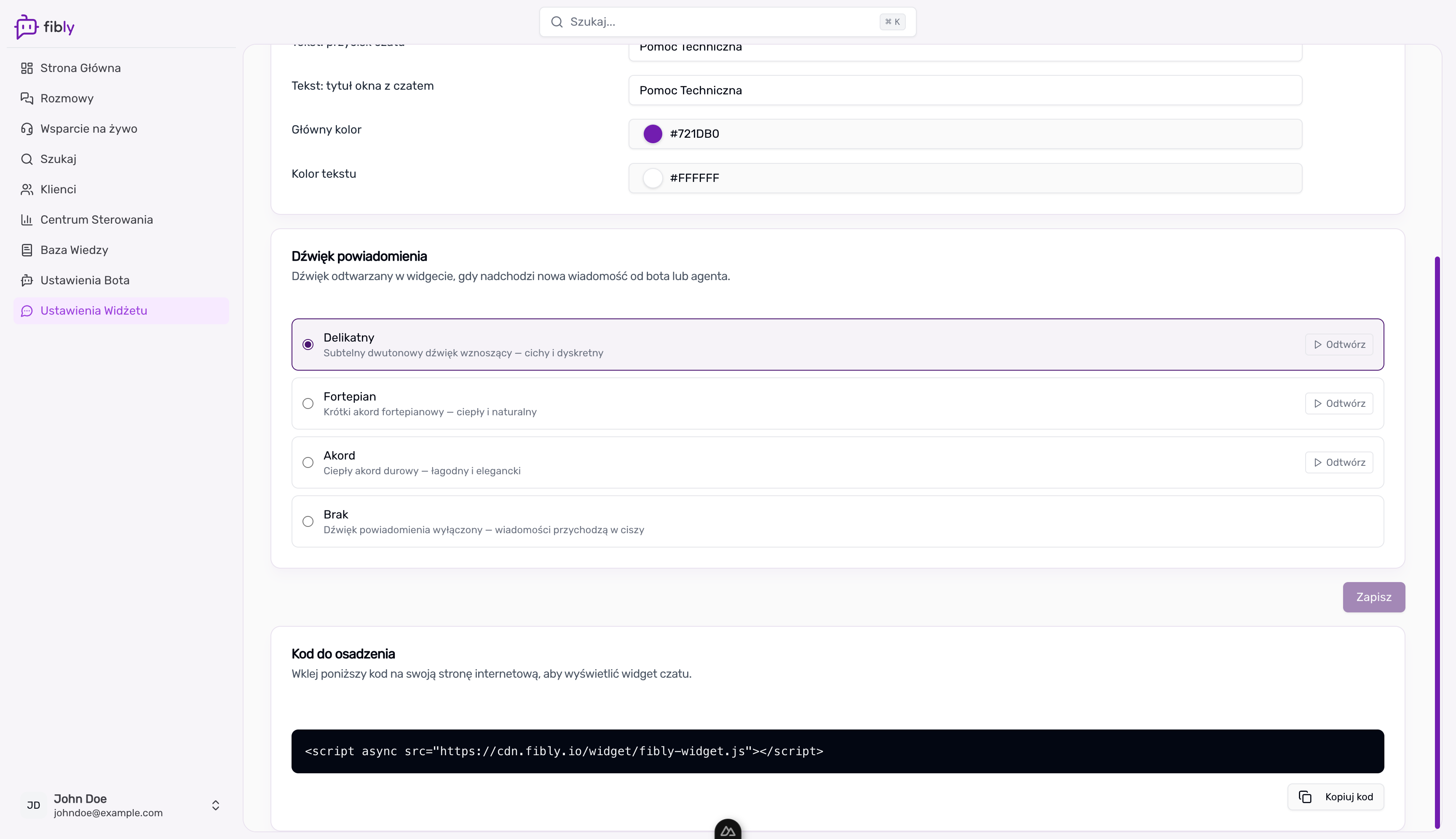 Zrzut ekranu aplikacji Fibly