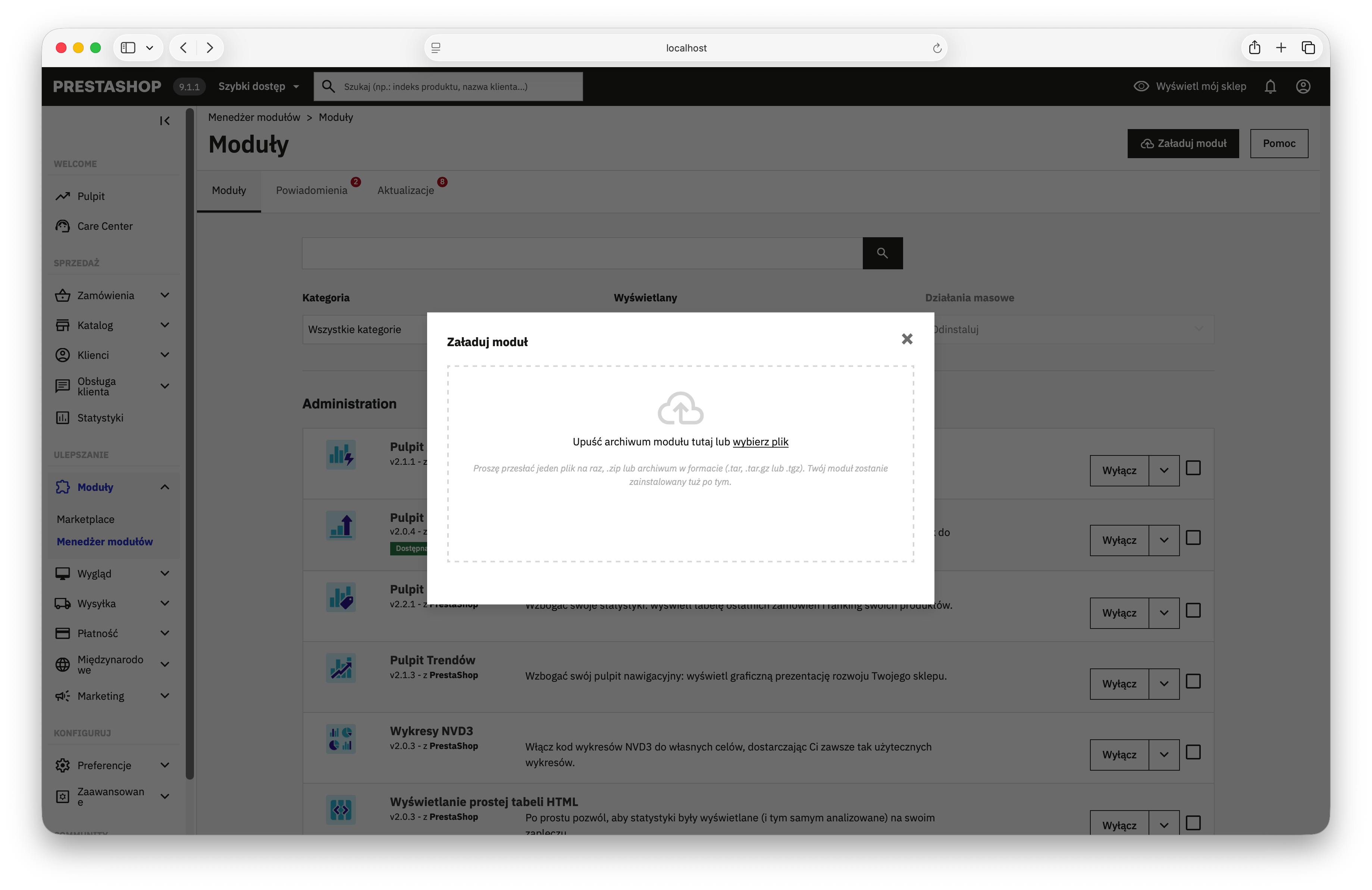 Panel instalacji modułu prestashop