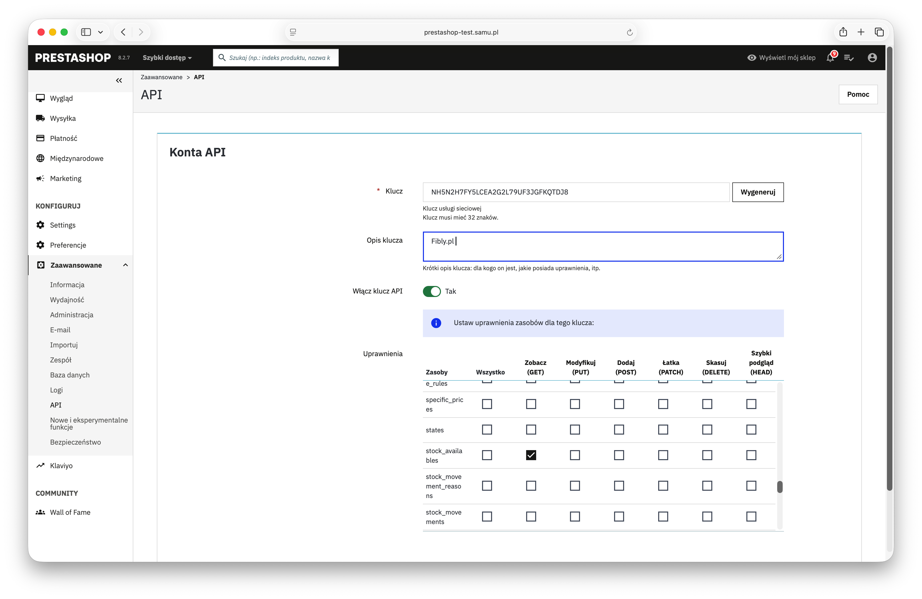 Tworzenie klucza API Webservice w panelu PrestaShop